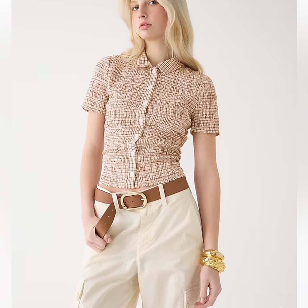 J.Crew NWT Women’s XL Smocked Button-up Shirt in Cotton Gingham Voile